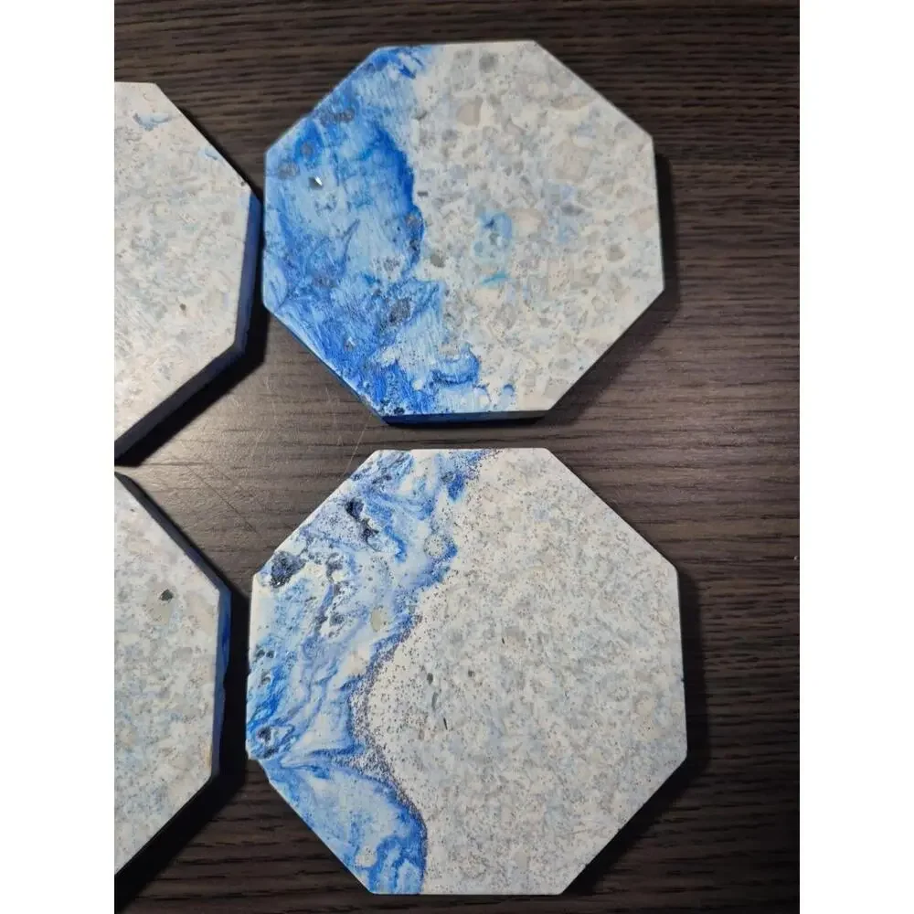 4 White/Blue/Gray Marbled Eco Resin Stone Look Hexagon Coasters 3 5/8” Handmade